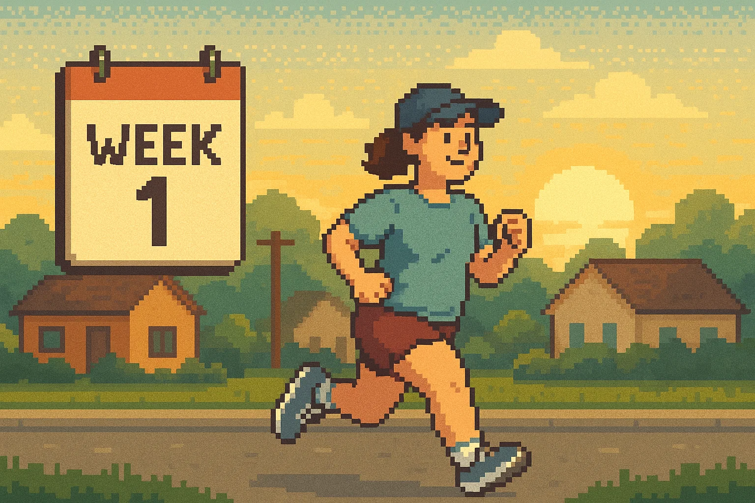 Beginner runner starting their first week with supportive sunrise in suburban neighborhood